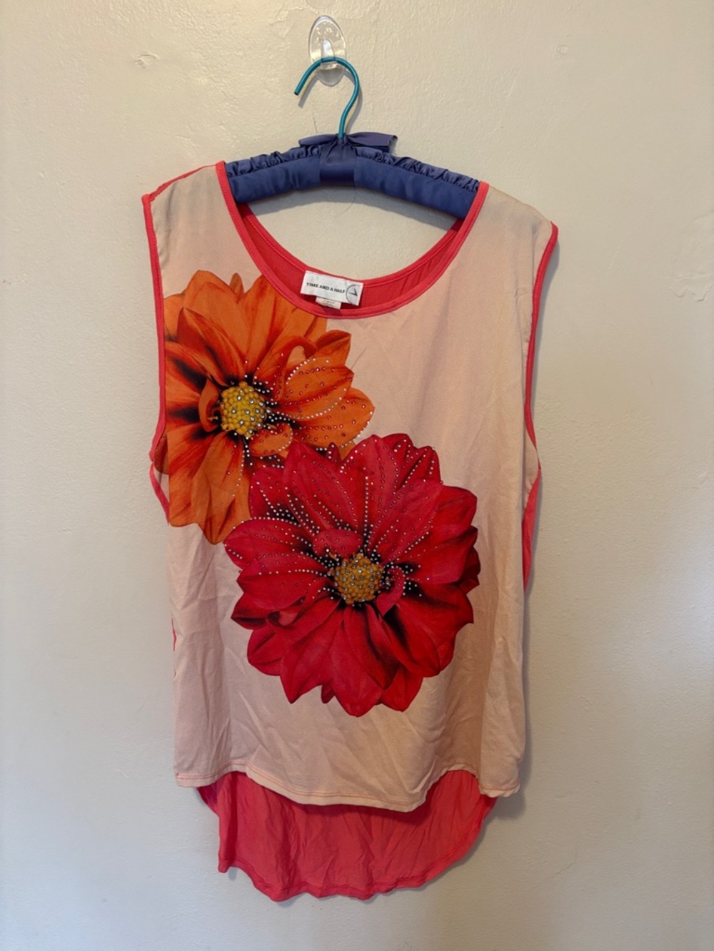 Floral Embellished Tank Top in Cream with Red Accents